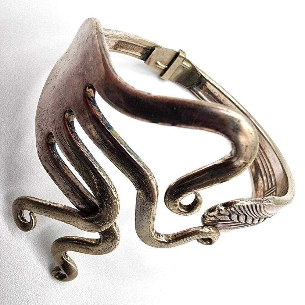 Artisan Fork Handle Hinged Clamper Bracelet Abstract Silver Tone - Picture 6 of 8